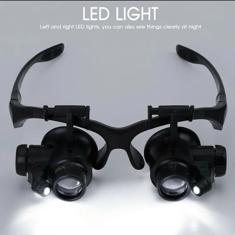 Loupe 2LEDs Lunettes Loupe éclairante montée sur la tête 10X 15X 20X 25X 8pcs Lentille pour bijoutiers Réparation d'horloger
