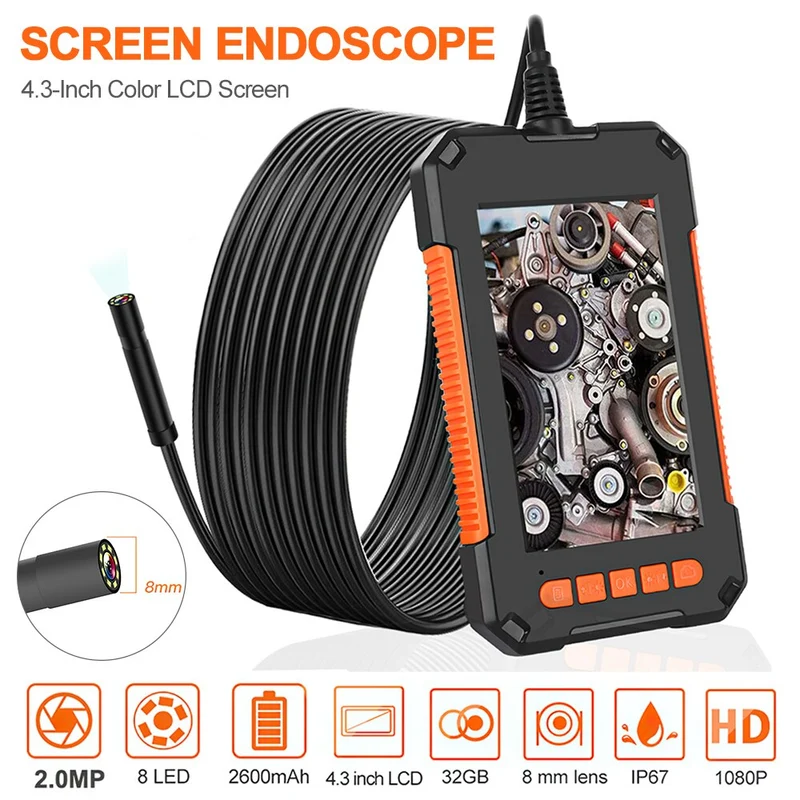 Caméra Endoscope 1080P Full HD Écran 4.3 pouces 8 LED 8mm Caméra d'inspection d'objectif IP67 Endoscope de caméra serpent pour l'inspection des égouts de voiture