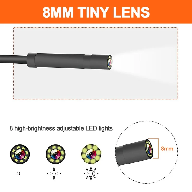 Caméra Endoscope 1080P Full HD Écran 4.3 pouces 8 LED 8mm Caméra d'inspection d'objectif IP67 Endoscope de caméra serpent pour l'inspection des égouts de voiture