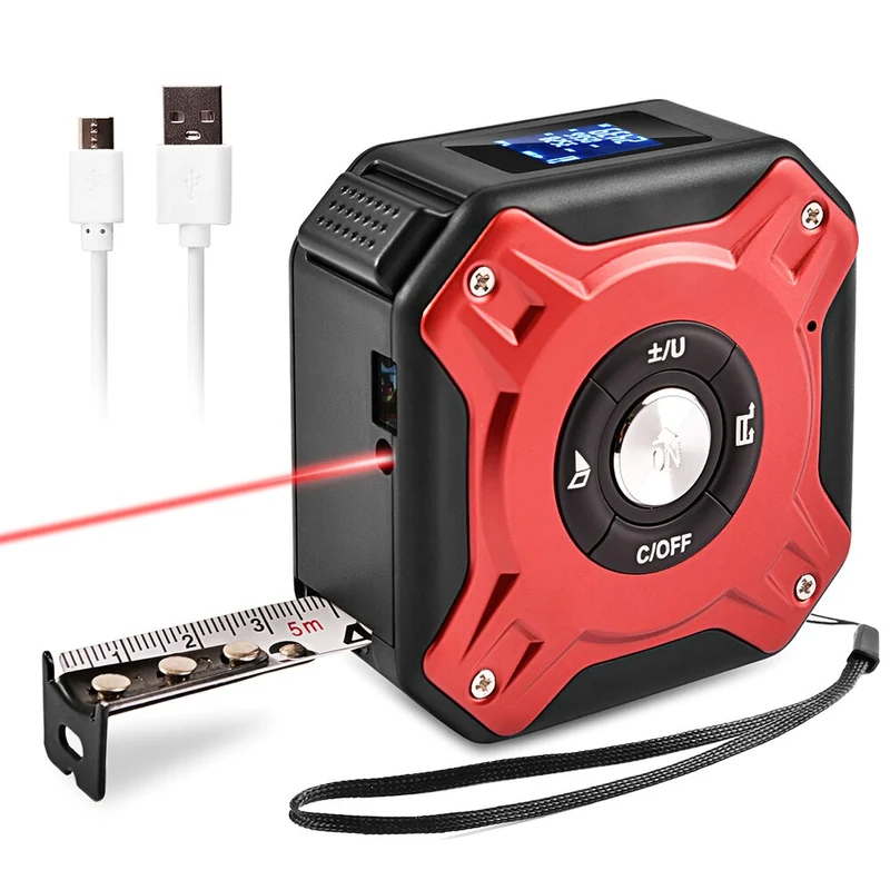 40M Ruban à mesurer laser 5M Ruban à mesurer USB Rechargeable Distancemètre laser 131.2Ft / 16.5Ft Ruban à mesurer Règle de télémètre