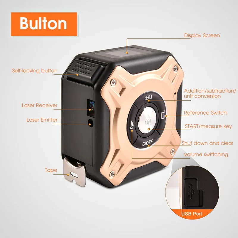 40M Ruban à mesurer laser 5M Ruban à mesurer USB Rechargeable Distancemètre laser 131.2Ft / 16.5Ft Ruban à mesurer Règle de télémètre