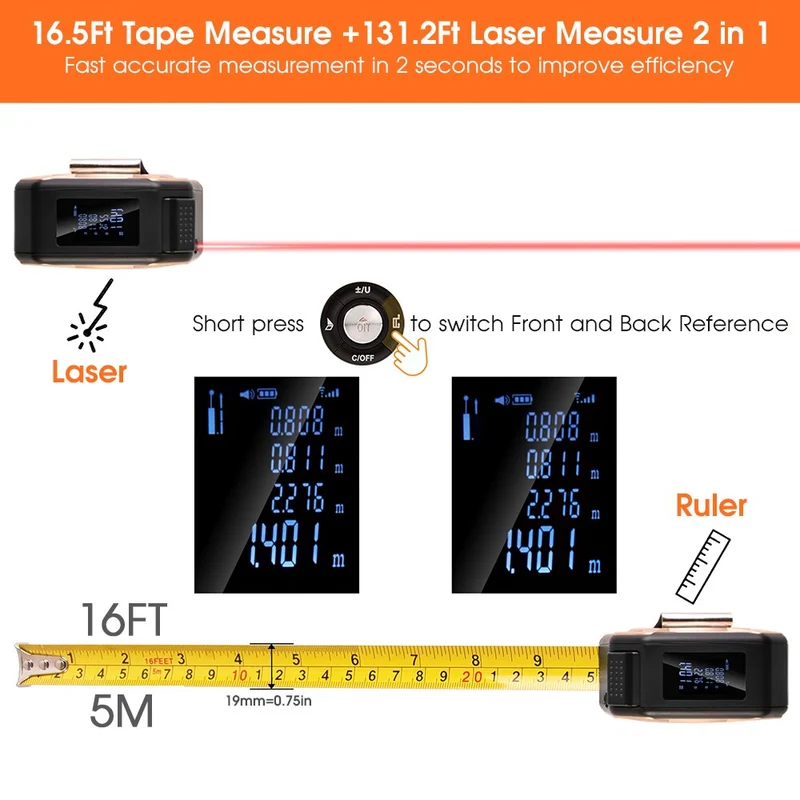 40M Ruban à mesurer laser 5M Ruban à mesurer USB Rechargeable Distancemètre laser 131.2Ft / 16.5Ft Ruban à mesurer Règle de télémètre