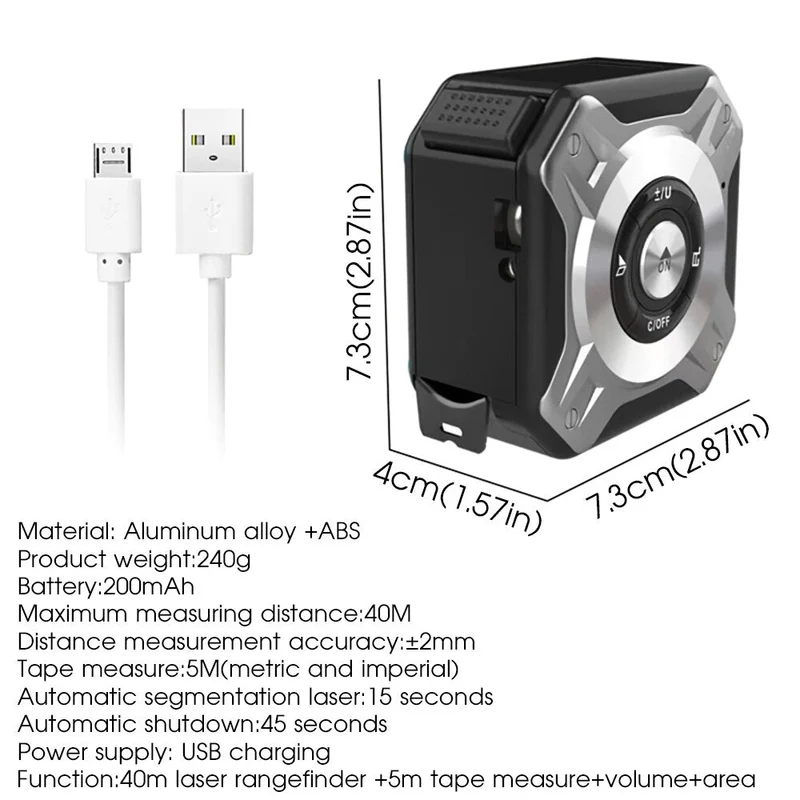 40M Ruban à mesurer laser 5M Ruban à mesurer USB Rechargeable Distancemètre laser 131.2Ft / 16.5Ft Ruban à mesurer Règle de télémètre