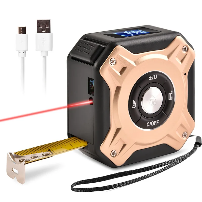 40M Ruban à mesurer laser 5M Ruban à mesurer USB Rechargeable Distancemètre laser 131.2Ft / 16.5Ft Ruban à mesurer Règle de télémètre