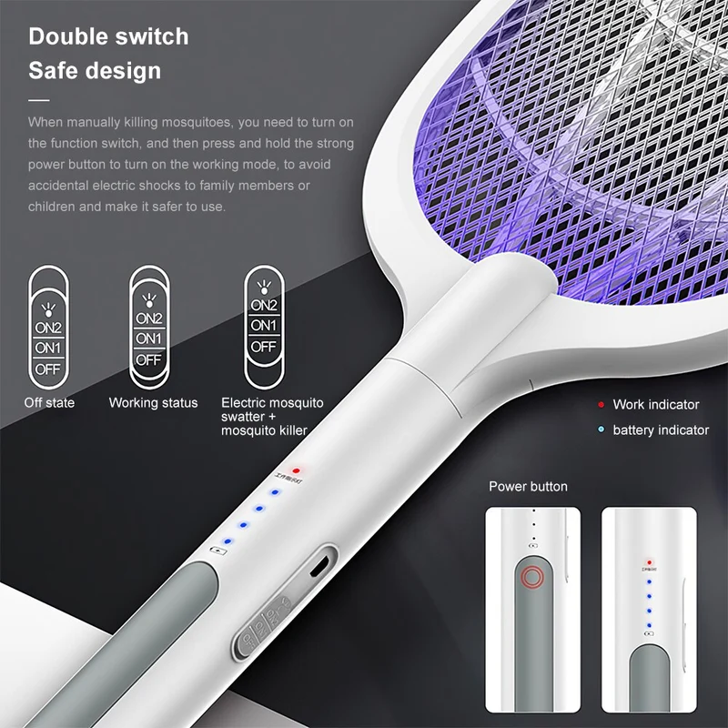La raquette de tapette à mouche électrique tue le moustique électrique USB Rechargeable 3000V électrique Bug Zapper été ménage insecte tueur