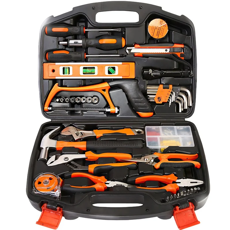 Kit d'outils à main polyvalent ensemble d'outils de réparation domestique général clé tournevis pince douille marteau scies mallette de rangement en plastique