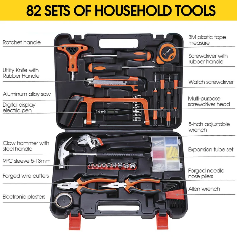 Kit d'outils à main polyvalent ensemble d'outils de réparation domestique général clé tournevis pince douille marteau scies mallette de rangement en plastique