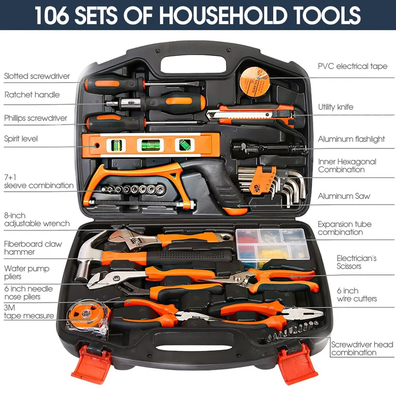 Kit d'outils à main polyvalent ensemble d'outils de réparation domestique général clé tournevis pince douille marteau scies mallette de rangement en plastique