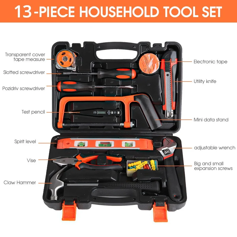 Kit d'outils à main polyvalent ensemble d'outils de réparation domestique général clé tournevis pince douille marteau scies mallette de rangement en plastique