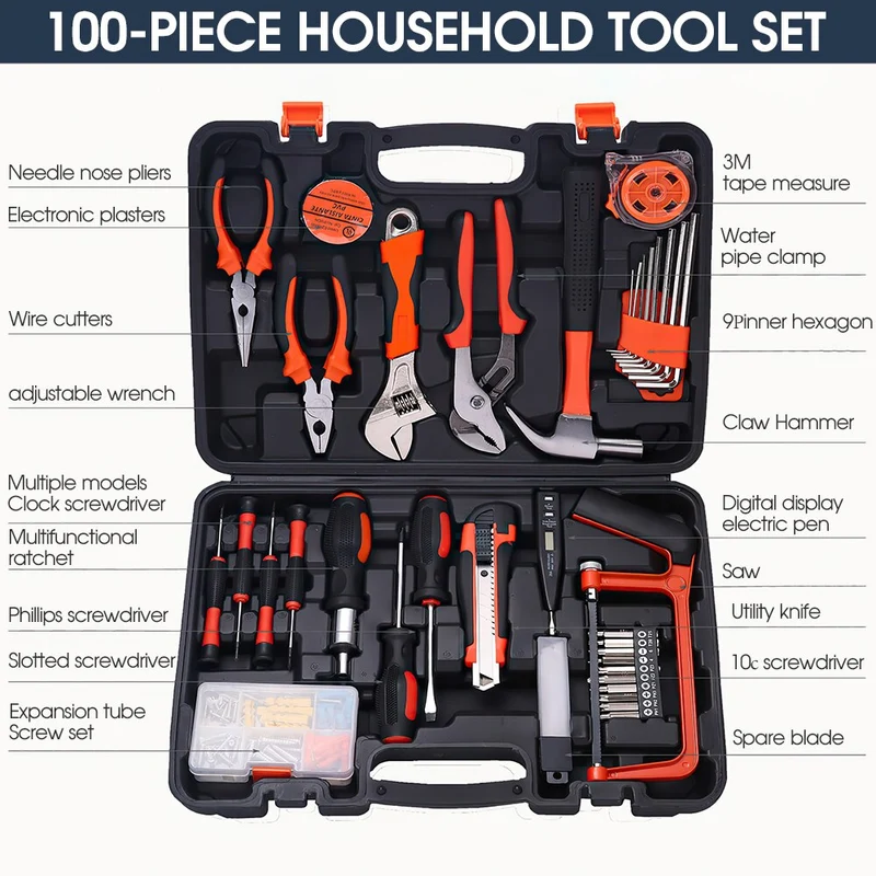 Kit d'outils à main polyvalent ensemble d'outils de réparation domestique général clé tournevis pince douille marteau scies mallette de rangement en plastique