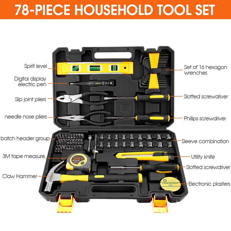 Kit d'outils à main polyvalent ensemble d'outils de réparation domestique général clé tournevis pince douille marteau scies mallette de rangement en plastique