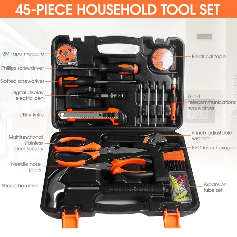 Kit d'outils à main polyvalent ensemble d'outils de réparation domestique général clé tournevis pince douille marteau scies mallette de rangement en plastique