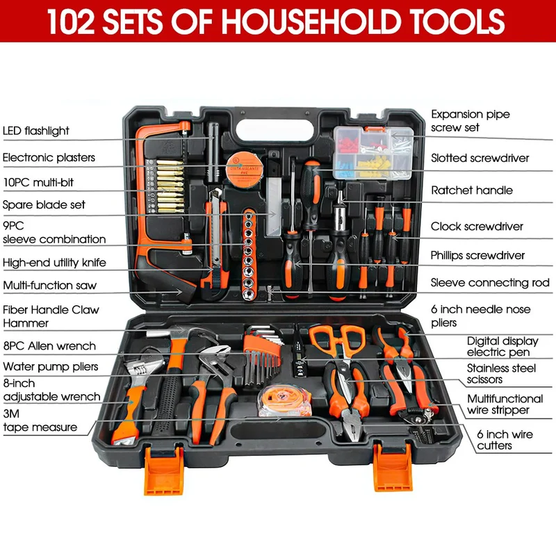 Kit d'outils à main polyvalent ensemble d'outils de réparation domestique général clé tournevis pince douille marteau scies mallette de rangement en plastique