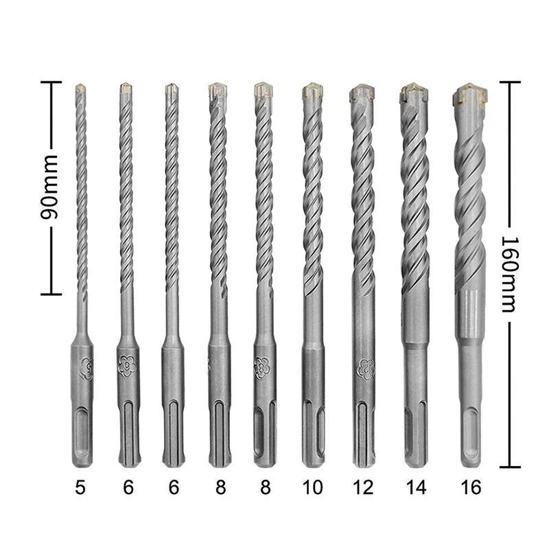 9 pièces 160mm foret marteau électrique foret Type croisé carbure SDS Plus Bit 5/6/8/10/12/14/16mm pour maçonnerie béton pierre