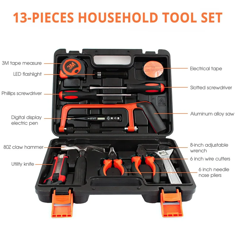 Ensembles d'outils à main multifonctions Kit d'outils de réparation domestique Tournevis Marteau Clé Scie Ciseaux Lampe de poche Multi-outil avec étui