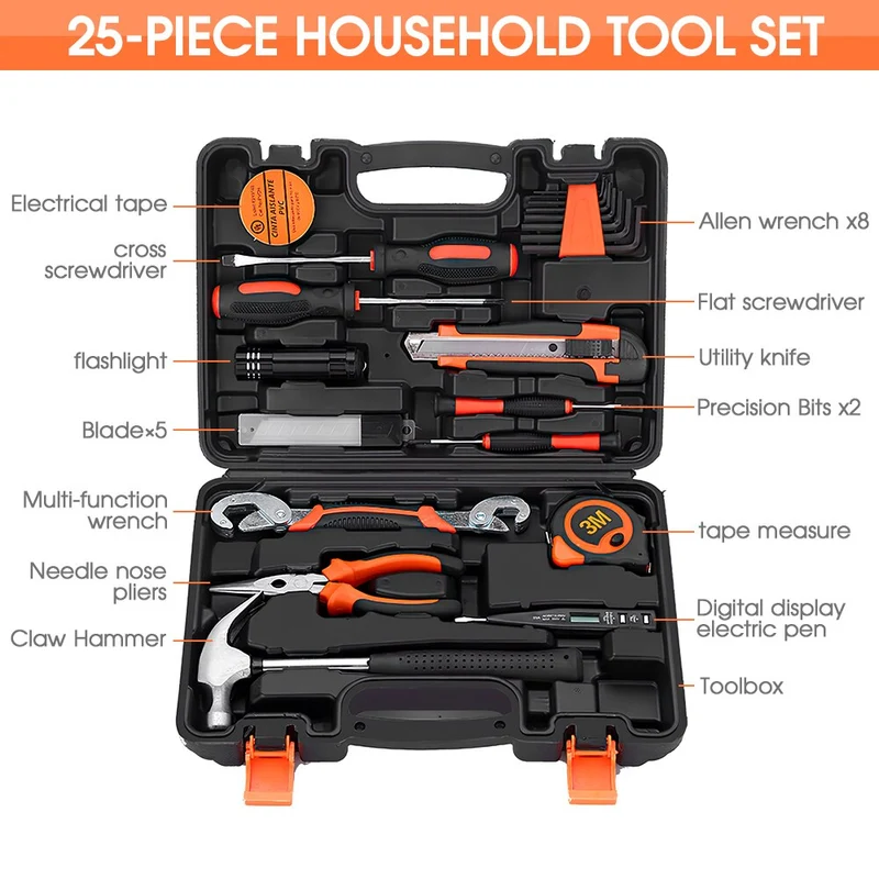 Ensembles d'outils à main multifonctions Kit d'outils de réparation domestique Tournevis Marteau Clé Scie Ciseaux Lampe de poche Multi-outil avec étui