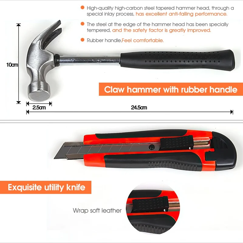 Ensembles d'outils à main multifonctions Kit d'outils de réparation domestique Tournevis Marteau Clé Scie Ciseaux Lampe de poche Multi-outil avec étui