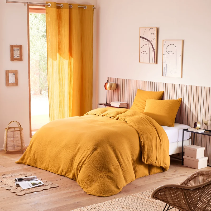 Pack 3 pièces Housse de couette - 260x240cm + 2 taies d'oreiller 65X65cm gaze de coton Curry