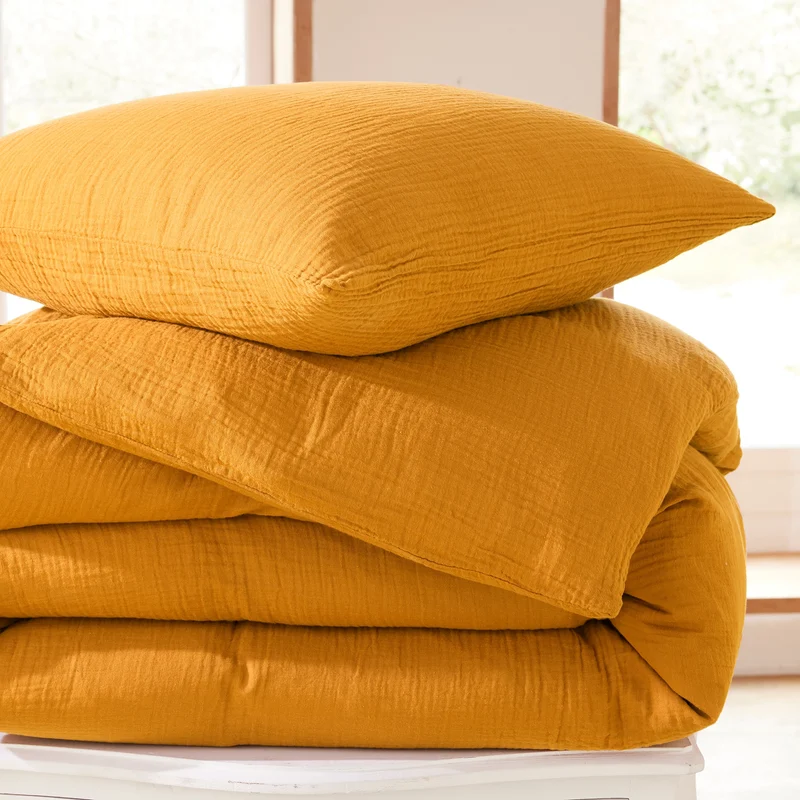 Pack 3 pièces Housse de couette - 260x240cm + 2 taies d'oreiller 65X65cm gaze de coton Curry