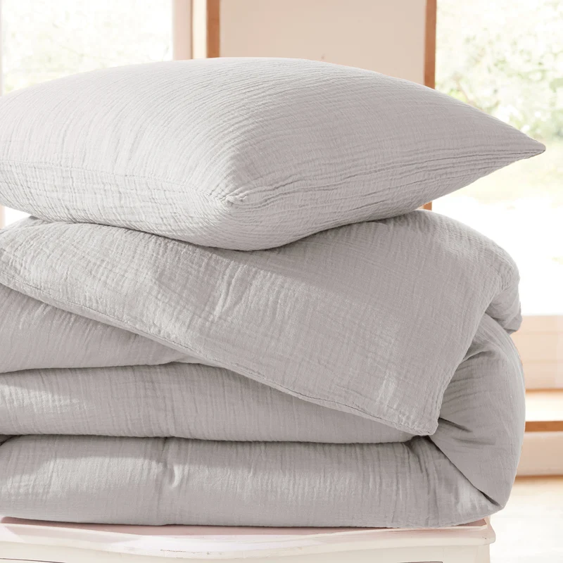 Pack 3 pièces Housse de couette 240x220cm + 2 taies d'oreiller 65X65cm gaze de coton Perle