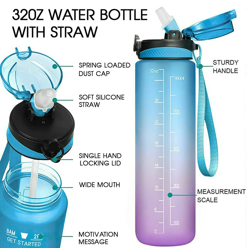 1L Portable Sport Bouteille D'eau Marqueur De Temps Anti-Fuite Bounce Couvercle Tasse D'eau Sport En Plein Air Fitness Bouteille À Boire avec Paille