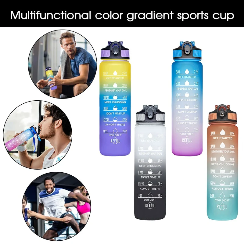 1L Portable Sport Bouteille D'eau Marqueur De Temps Anti-Fuite Bounce Couvercle Tasse D'eau Sport En Plein Air Fitness Bouteille À Boire avec Paille