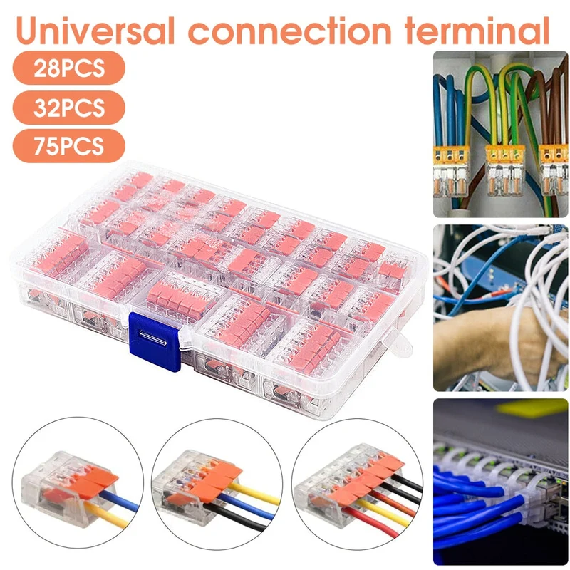 28/32/75 pièces connecteurs de fil universel Compact Push-in borne de fil électrique câblage rapide connecteurs de câble bornier