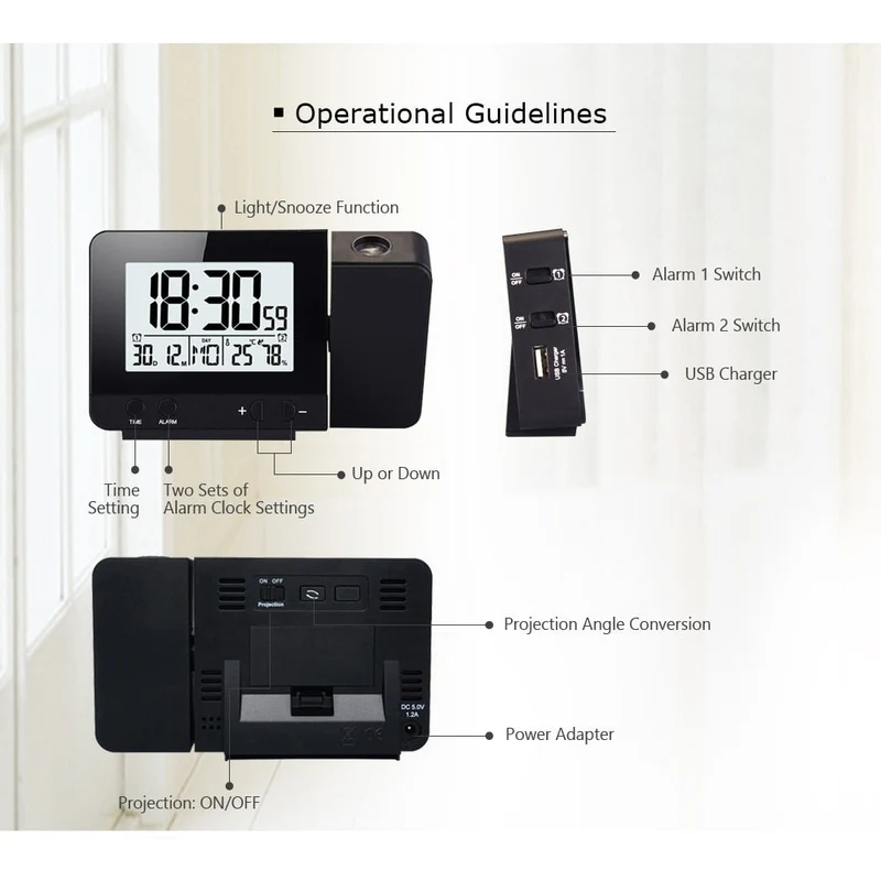 Réveil Projection horloge de Table numérique projecteur LED minuterie de répétition réveil double alarme rétro-éclairage température humidité affichage