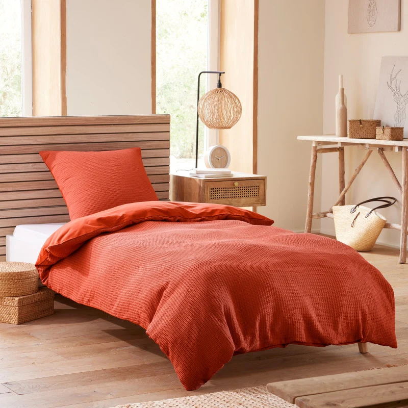 Pack 2 Pièces Housse de couette 140x200cm + 1 taie d'oreiller 65X65cm - nid d'abeille - Terracotta