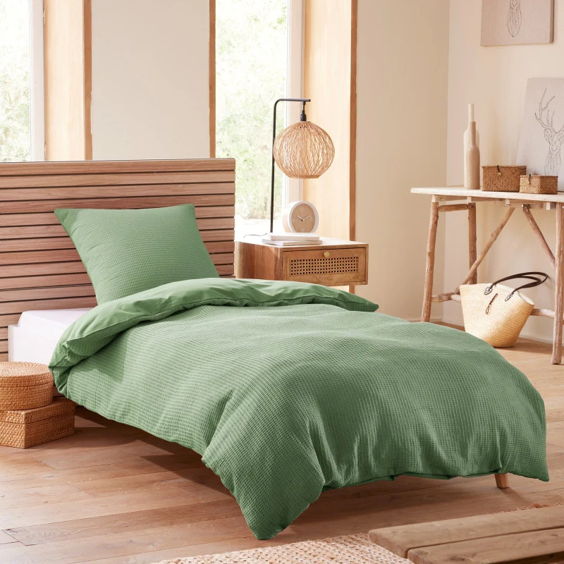Pack 2 Pièces Housse de couette 140x200cm + 1 taie d'oreiller 65X65cm - nid d'abeille - Olive