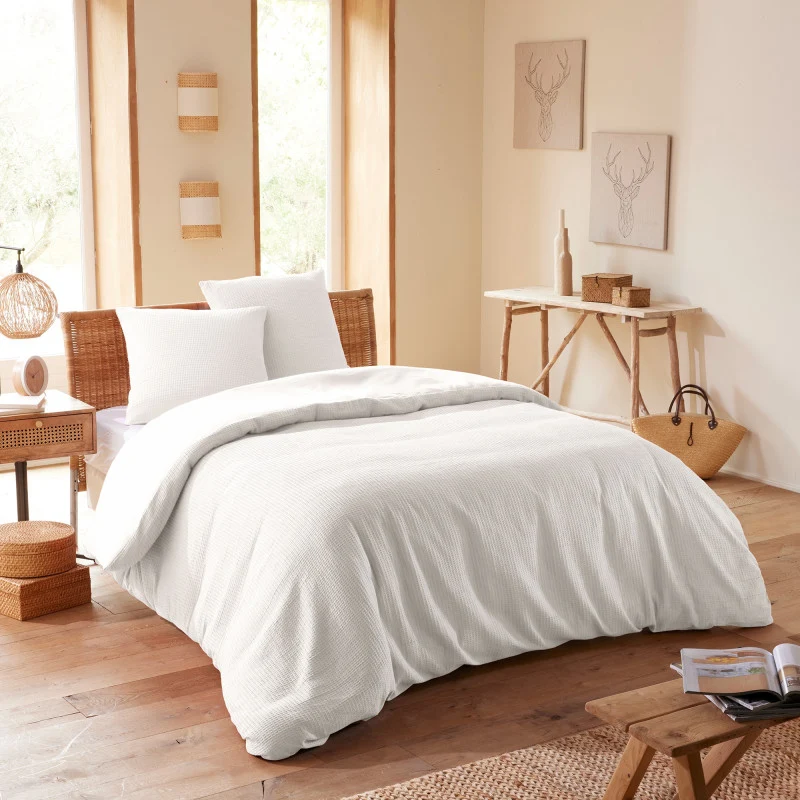 Pack 3 Pièces Housse de couette 260x240cm + 2 taies d'oreiller 65X65cm - nid d'abeille - Neige