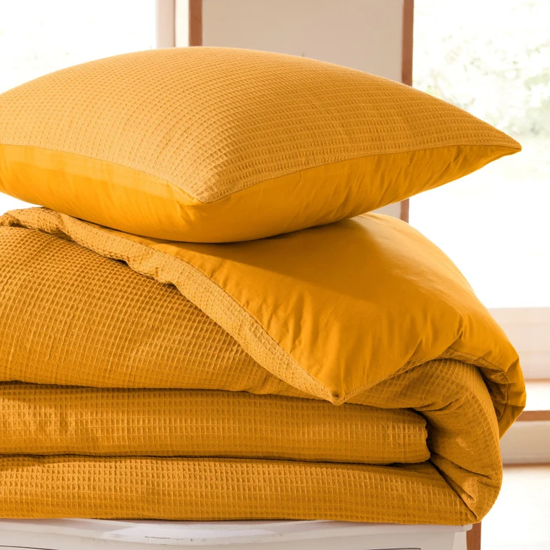 Pack 3 Pièces Housse de couette 240x220cm + 2 taies d'oreiller 65X65cm - nid d'abeille - Curry