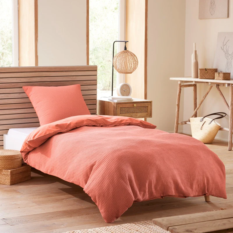 Pack 2 Pièces Housse de couette 140x200cm + 1 taie d'oreiller 65X65cm nid d'abeille - Blush