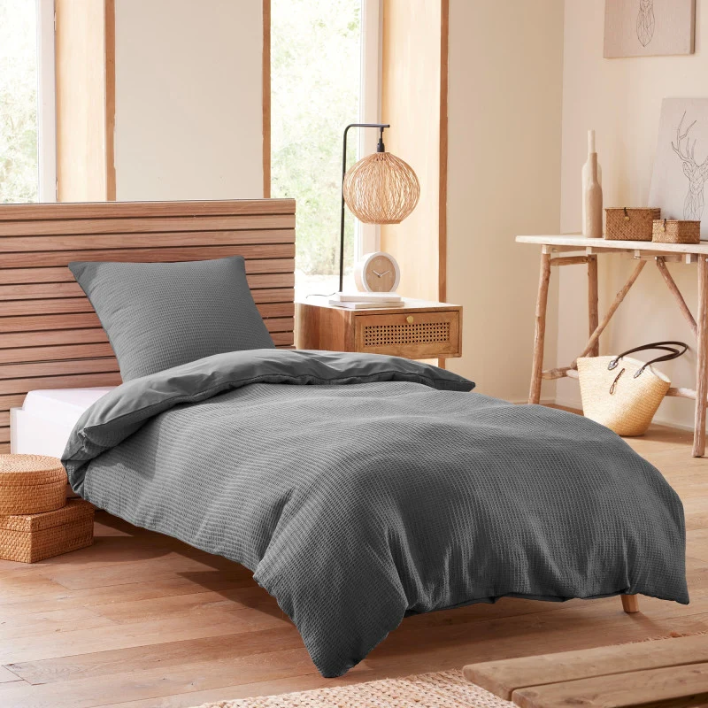 Pack 2 Pièces Housse de couette 140x200cm + 1 taie d'oreiller 65X65cm nid d'abeille - Ardoise