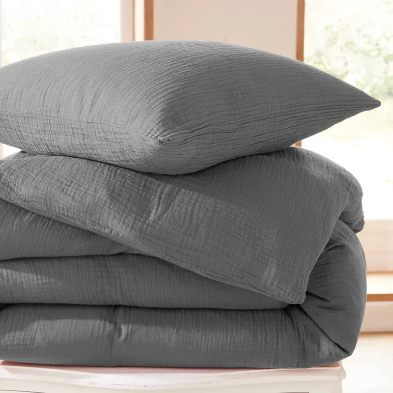 Pack 4 Pièces Housse de couette 260x240 cm - Gaze de Coton - Ardoise