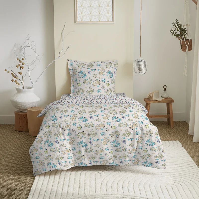 Pack 3 Pièces Housse de couette réversible 140 x 200 cm - 2 Pièces 100% Coton - Tanya cyan