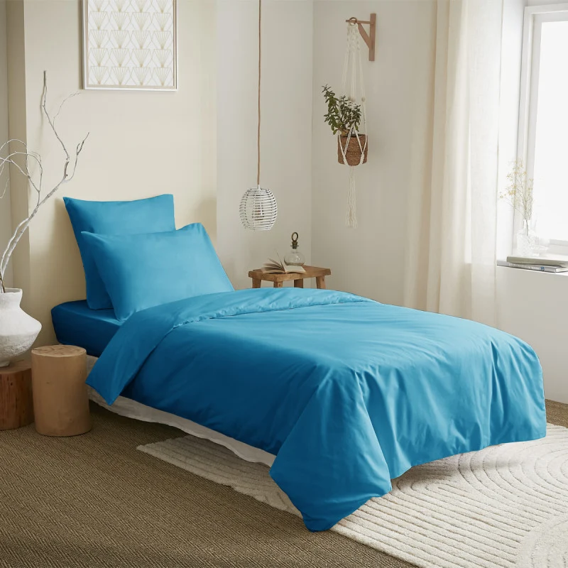 Pack 4 pièces Housse de couette 140 x 200 cm - Drap housse 90 x 190 cm - 2 taies d'oreiller - 100% coton / 57 fils/cm² - Turquoise