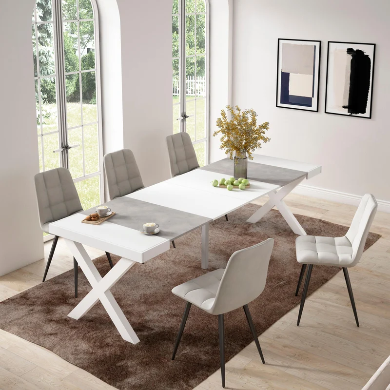 Table console extensible ciment & blanche 260 cm – Jusqu’à 12 personnes – Pieds en bois massif blancs en croix