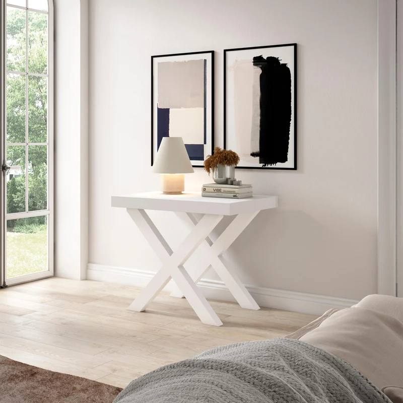 Table console extensible ciment & blanche 260 cm – Jusqu’à 12 personnes – Pieds en bois massif blancs en croix