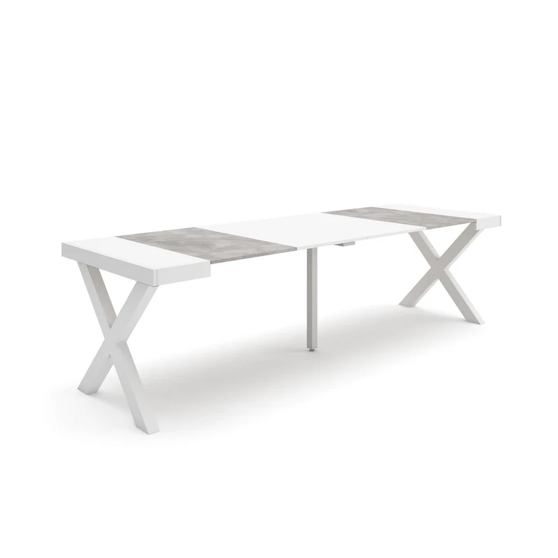 Table console extensible ciment & blanche 260 cm – Jusqu’à 12 personnes – Pieds en bois massif blancs en croix