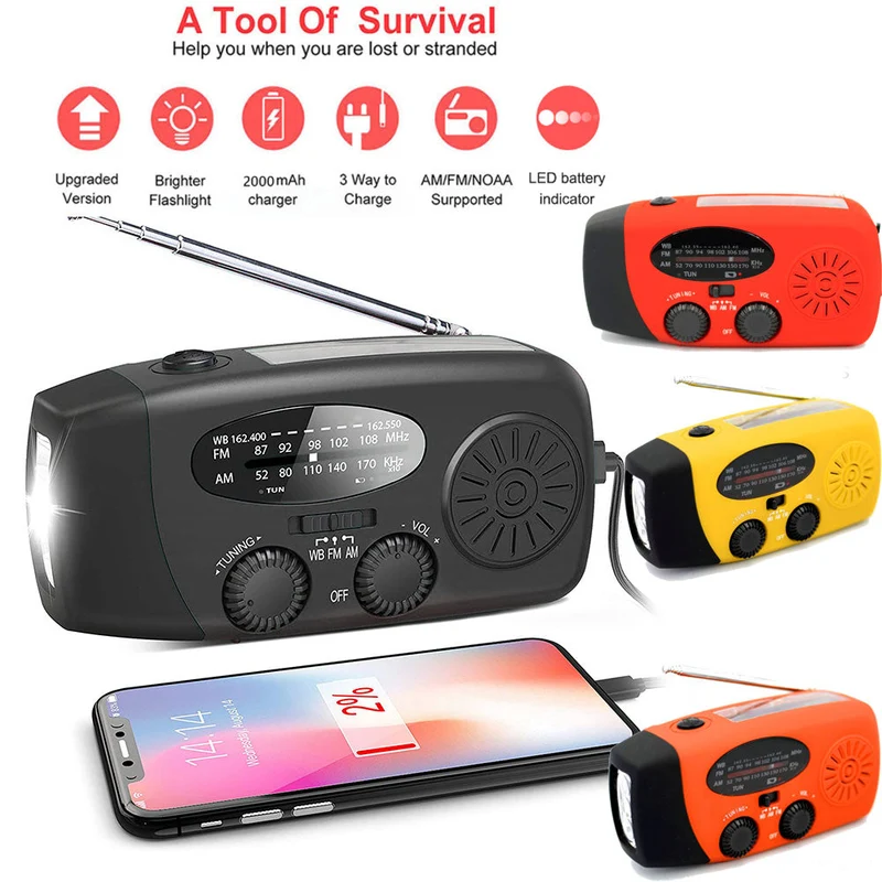 Récepteur RADIO à manivelle solaire Mini Radio météo portable AM/FM/WB avec lampe de poche multifonctionnelle alimentation d'urgence/banque