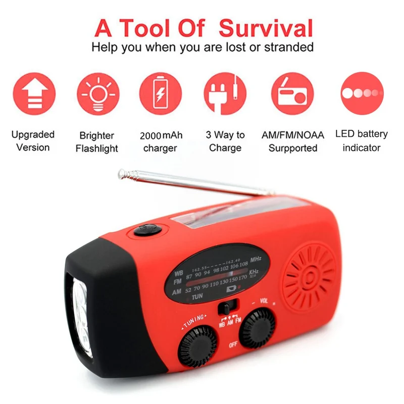 Récepteur RADIO à manivelle solaire Mini Radio météo portable AM/FM/WB avec lampe de poche multifonctionnelle alimentation d'urgence/banque