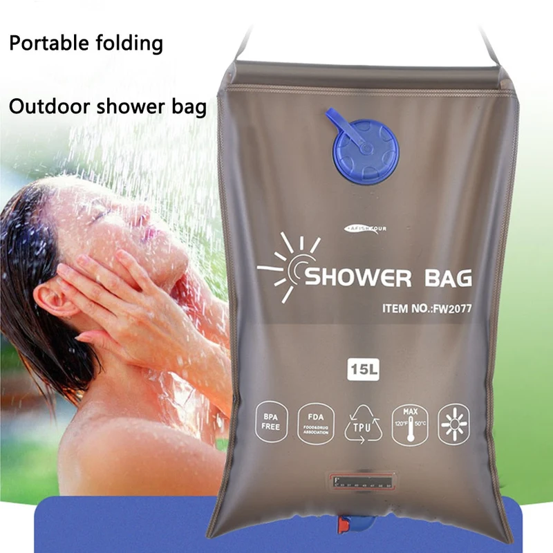 Sac de douche portable 15L avec tuyau d'interrupteur et tête en plastique Stockage d'eau de grande capacité pour le camping Randonnée en plein air Pique-nique Lavage