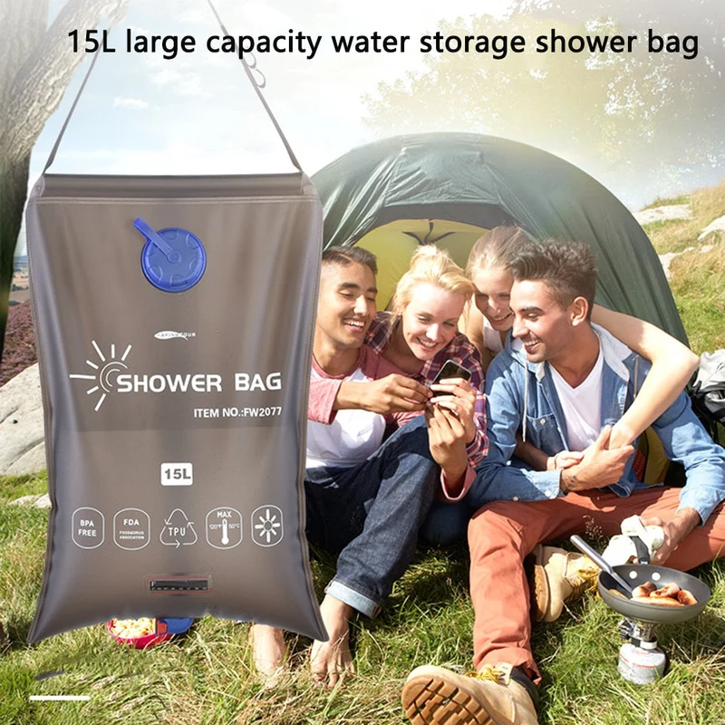 Sac de douche portable 15L avec tuyau d'interrupteur et tête en plastique Stockage d'eau de grande capacité pour le camping Randonnée en plein air Pique-nique Lavage
