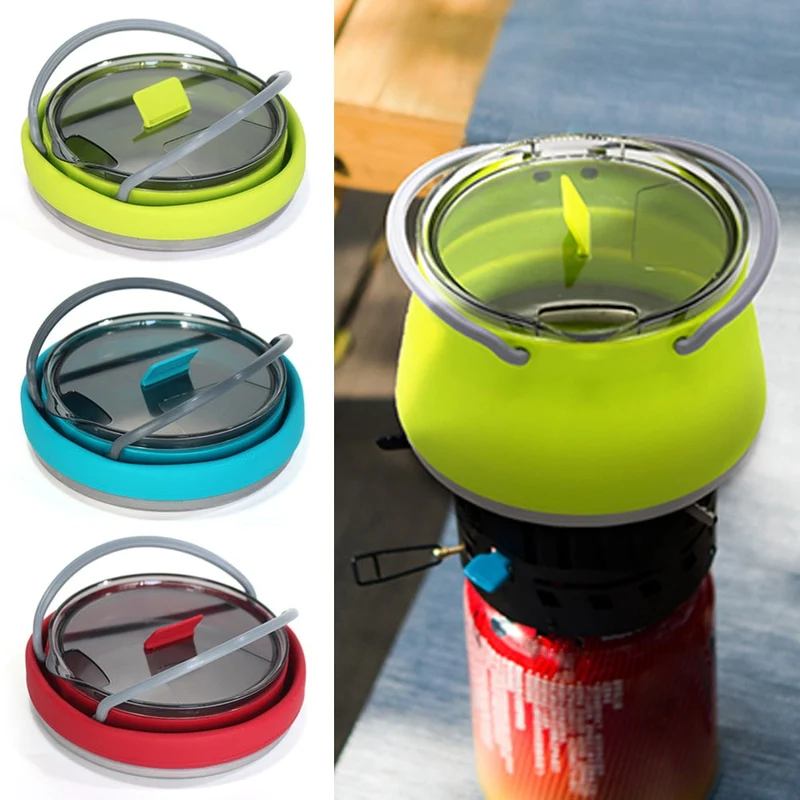 1L Portable Silicone bouilloire pliable chaudière extérieure pliable Pot d'eau en acier inoxydable fond pliant Silicone bouilloire