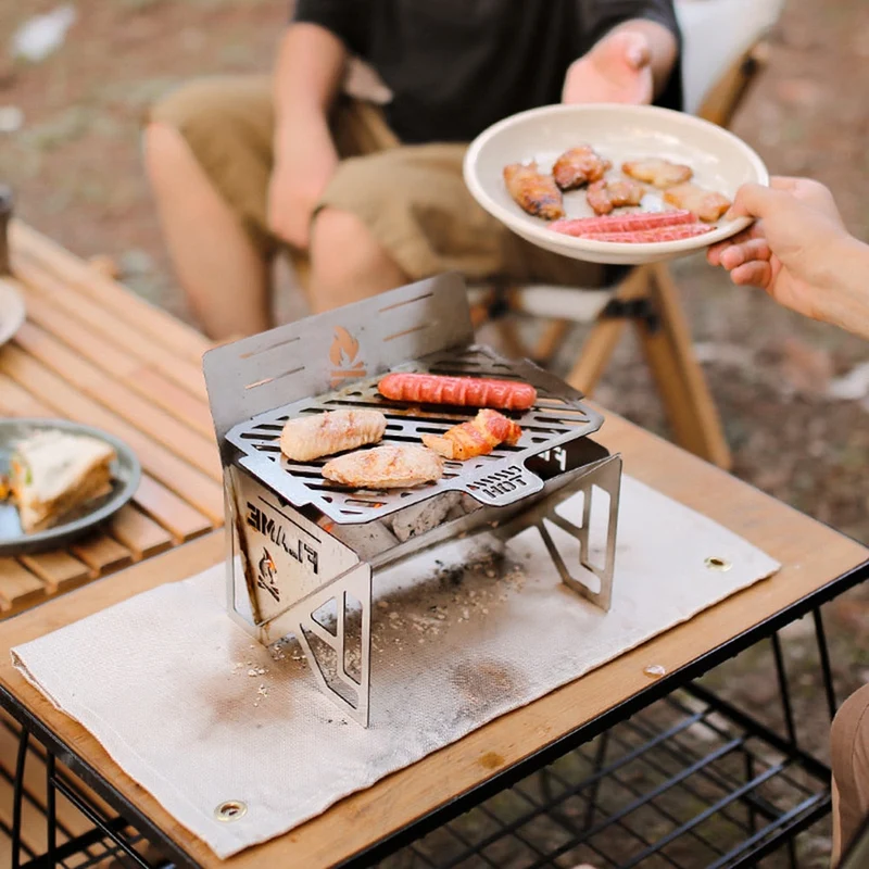Portable en acier inoxydable barbecue gril poêle antiadhésif Camping pique-nique Barbecue pliable gril support charbon de bois conteneur avec évents Kit