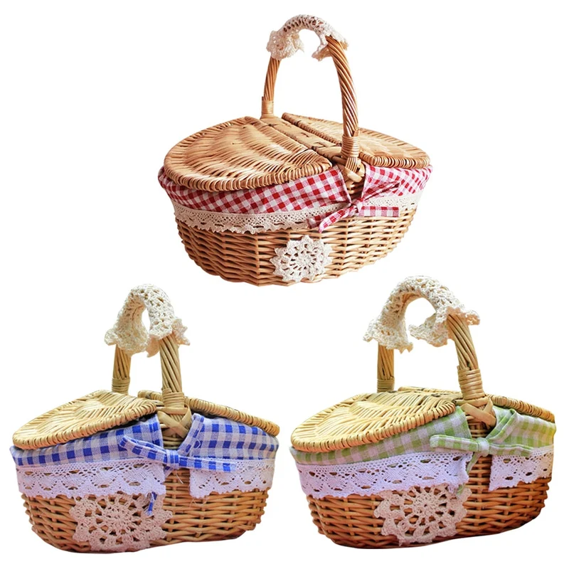 Panier de pique-nique tissé en saule doublure à Double couvercle Camping en plein air rotin tissage panier de rangement panier de transport de nourriture de fruits