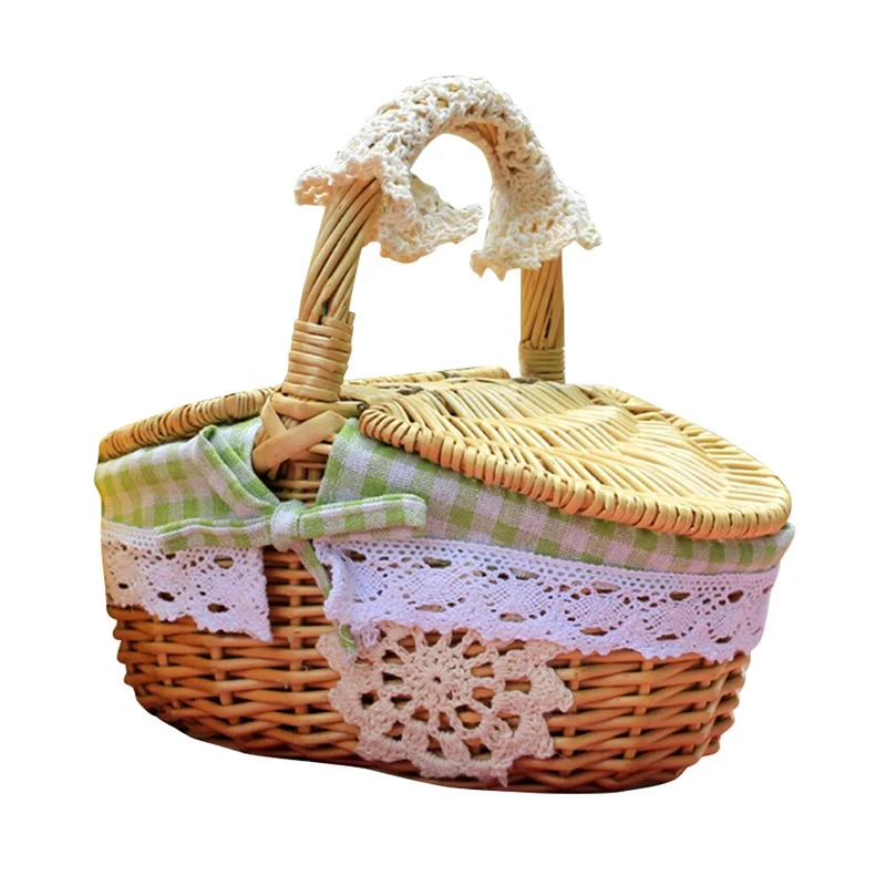 Panier de pique-nique tissé en saule doublure à Double couvercle Camping en plein air rotin tissage panier de rangement panier de transport de nourriture de fruits