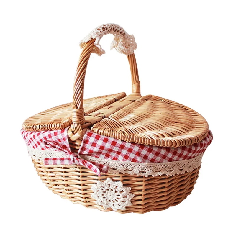 Panier de pique-nique tissé en saule doublure à Double couvercle Camping en plein air rotin tissage panier de rangement panier de transport de nourriture de fruits