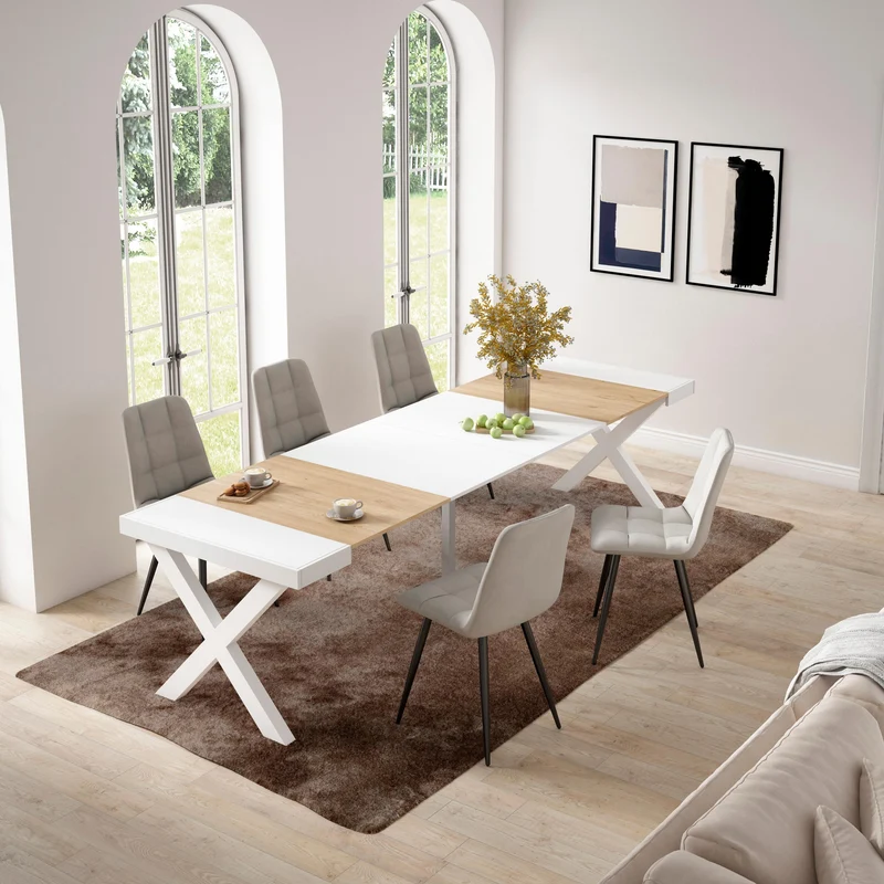 Table console extensible blanche & chêne 300 cm – Jusqu’à 14 personnes – Pieds en bois massif blancs en croix